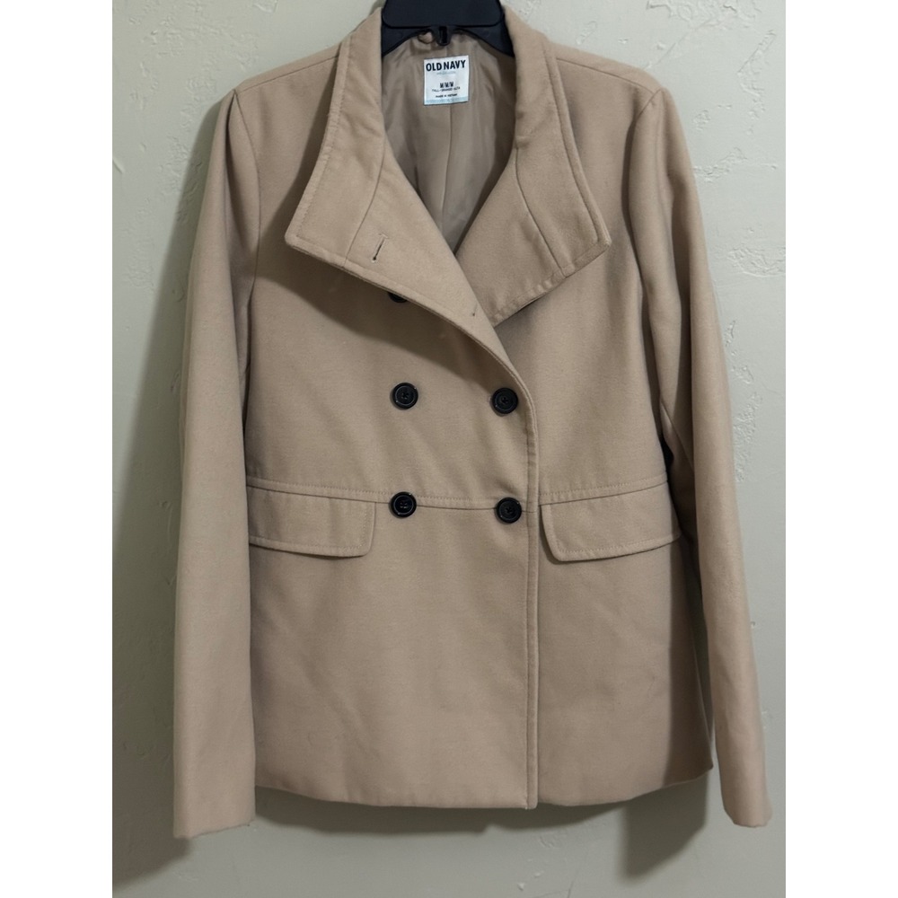 old navy coat M tall beige double breasted peacoat wool blend womens
